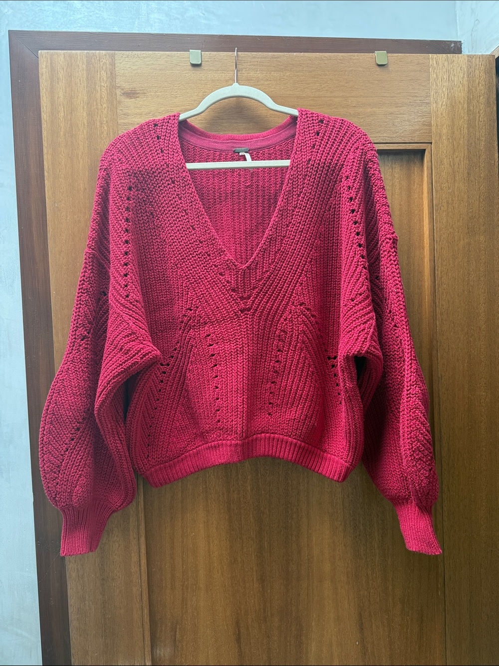 Free People Red V-Neck Cable Knit Balloon Sleeve Sweater